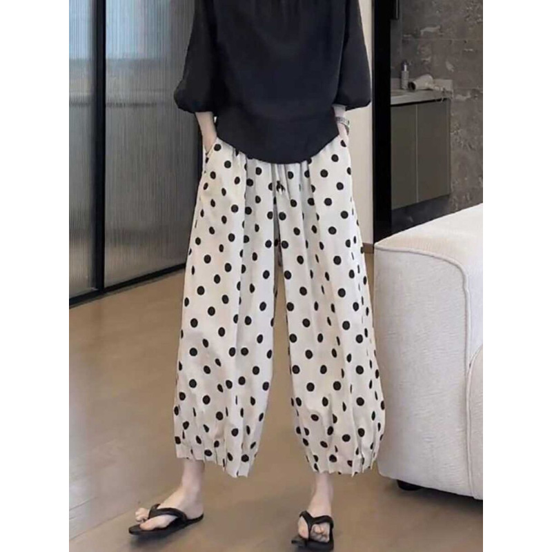 Polka Dot Wide-Leg Pants for Women 2025 Summer Thin Large Size European Style Lantern Pants High-Waisted Cropped Harem Carrot Pants