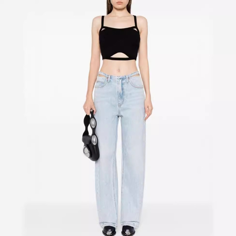Women's AW light blue High Waist Cotton Comfortable Lower Corner Twist Belt Wide Leg Slimming Denim Trousers