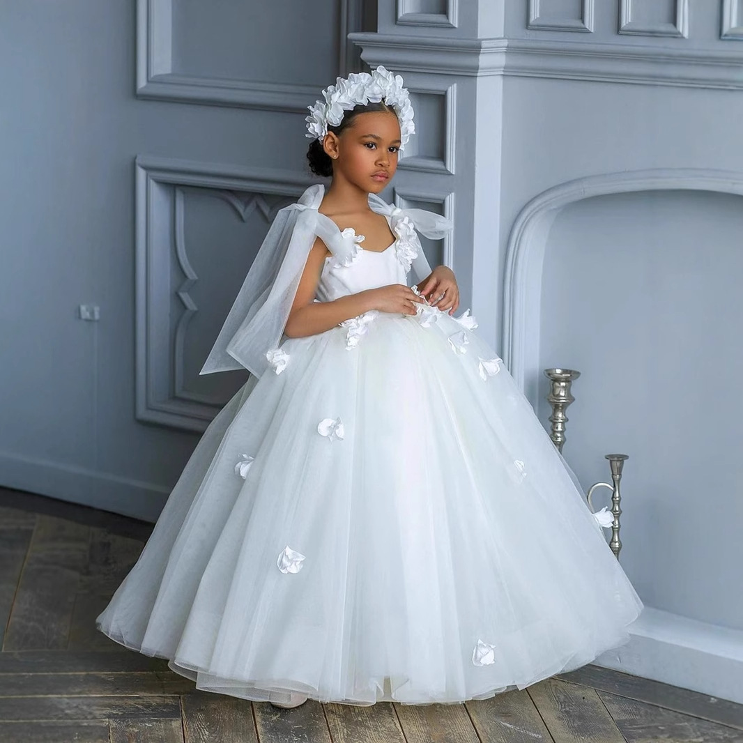 Robe tutu blanche à bretelles pour enfant, costume de demoiselle d'honneur, robe de défilé de mode, robe de fête d'anniversaire 【Prévente | Expédié sous 15 jours】_voghion.com