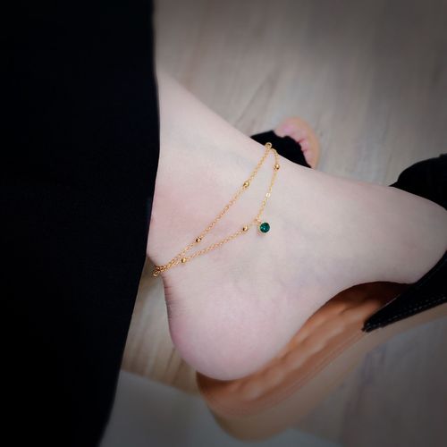  new high-end green diamond anklet for women Internet celebrity niche design 18K gold titanium steel sexy double layer anklet