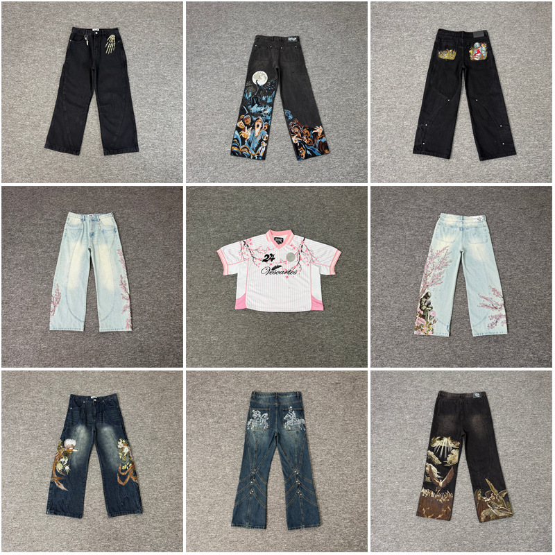 Cross-border trendy brand VESCARTES new American retro knight floral embroidered denim high-street wide-leg straight pants