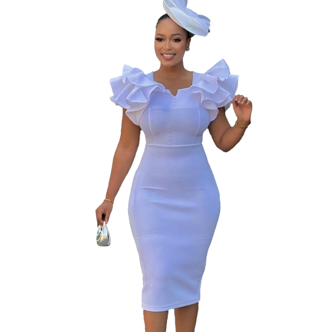 Wholesale Women's Elegant Simple Style Ruffles Solid Color Casual Family Gathering Street V Neck Short Sleeve Hip Skirt display picture 7