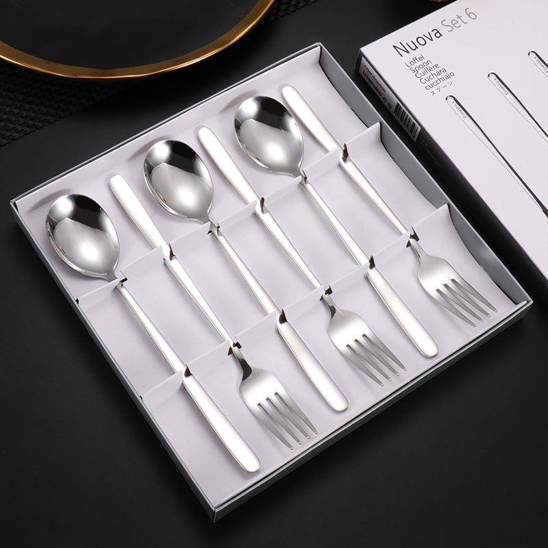 304 cuchara de acero inoxidable cuchara de postre coreano tenedor café mango largo cuchara mezcladora vajilla de acero inoxidable caja de regalo de 6 piezas