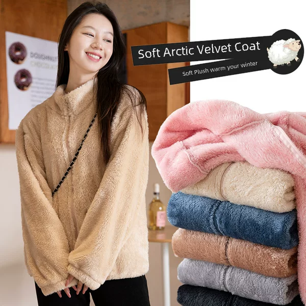 Winter Fashion Fleece Coat Women's Coral Fleece Zipper Casual Thickened Double-Sided Arctic Fleece Solid Color Warm Top