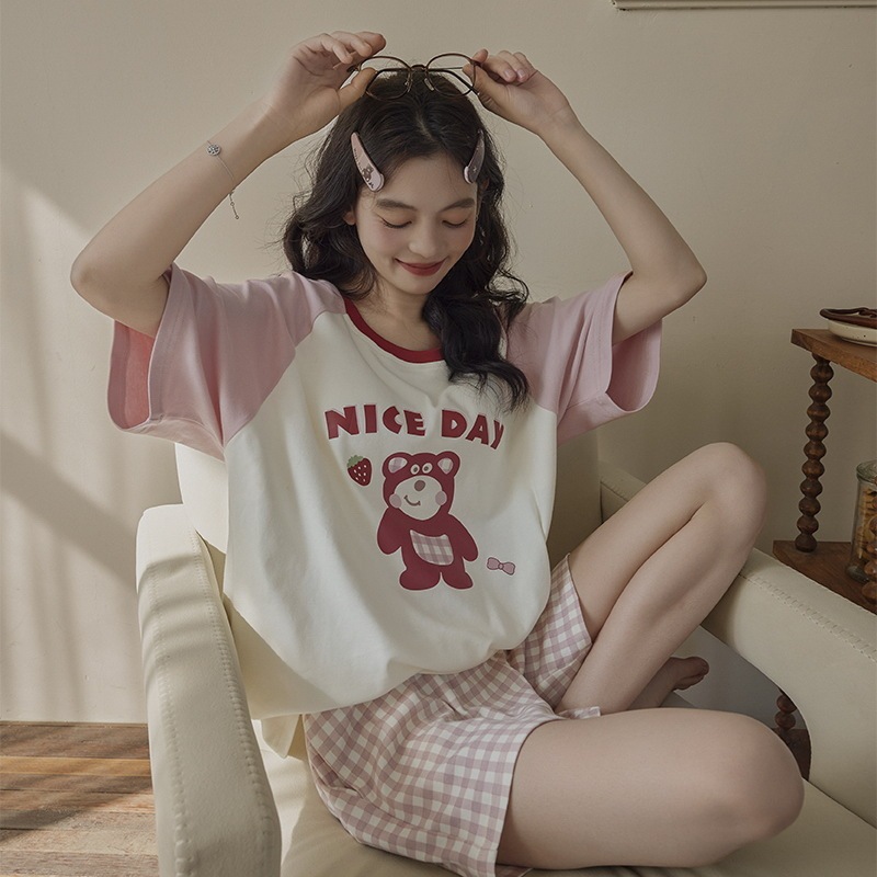 女性用パジャマ3点セット、胸パッド付き夏スタイル、純綿夏半袖ショーツ、ズボン、漫画かわいいストライプホーム服|undefined