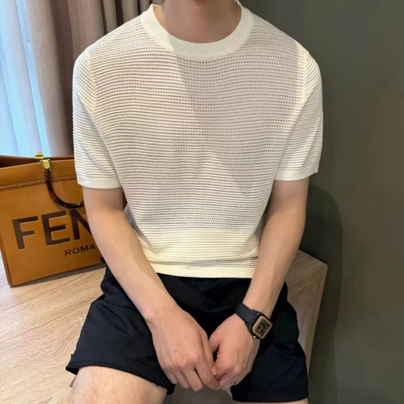 Old Money Style White Textured Knit Short Sleeve T-Shirt for Men, Summer Thin Hollow Breathable Slim Fit Casual Base Shirt