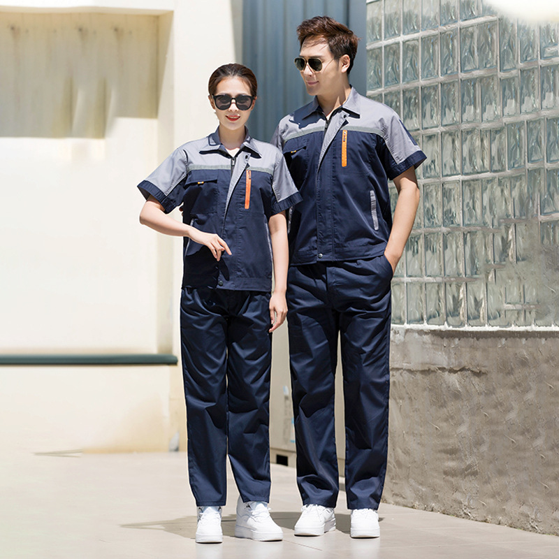 定制可印LOGO工作服夏装耐脏短袖涤棉工服套装劳保服工厂车间工装