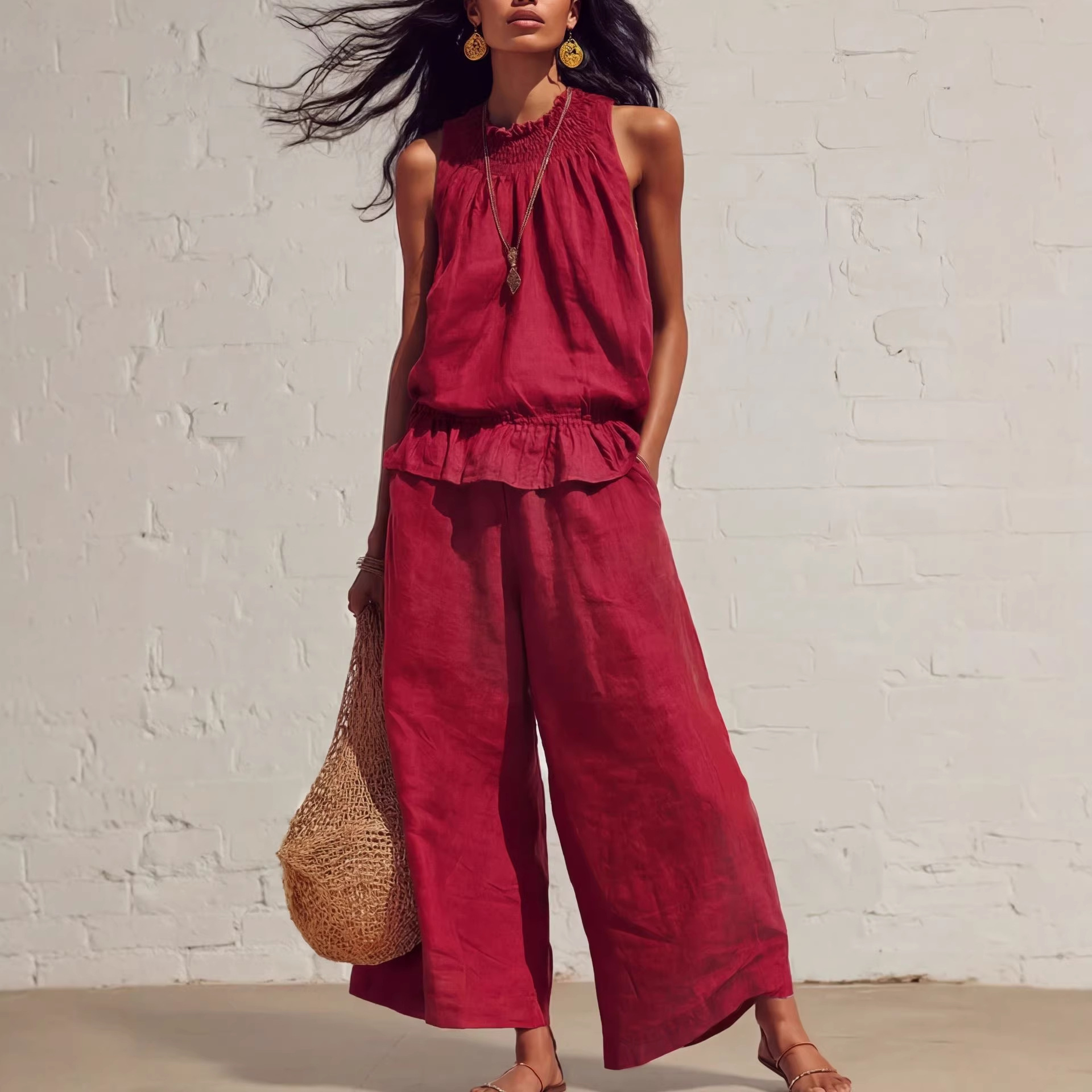 Women's Clothing American Style Women's Ruffled Cotton Linen Two Piece Set Retro Bohemian Spring Summer New Arrivals_ecoleips.com