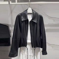 伊*L2025年秋季新款黑色百搭休闲翻领PU皮衣外套女1G8310822