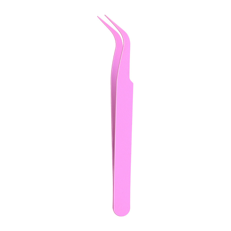 Pinzas para pestañas de acero inoxidable, punta curva, rosa