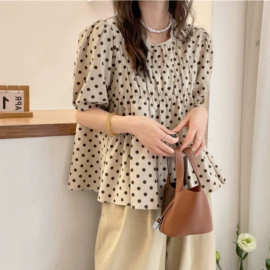 夏装新款泡泡袖波点A字棉麻衬衫欧洲站女装洋气小衫潮M-4XL200斤