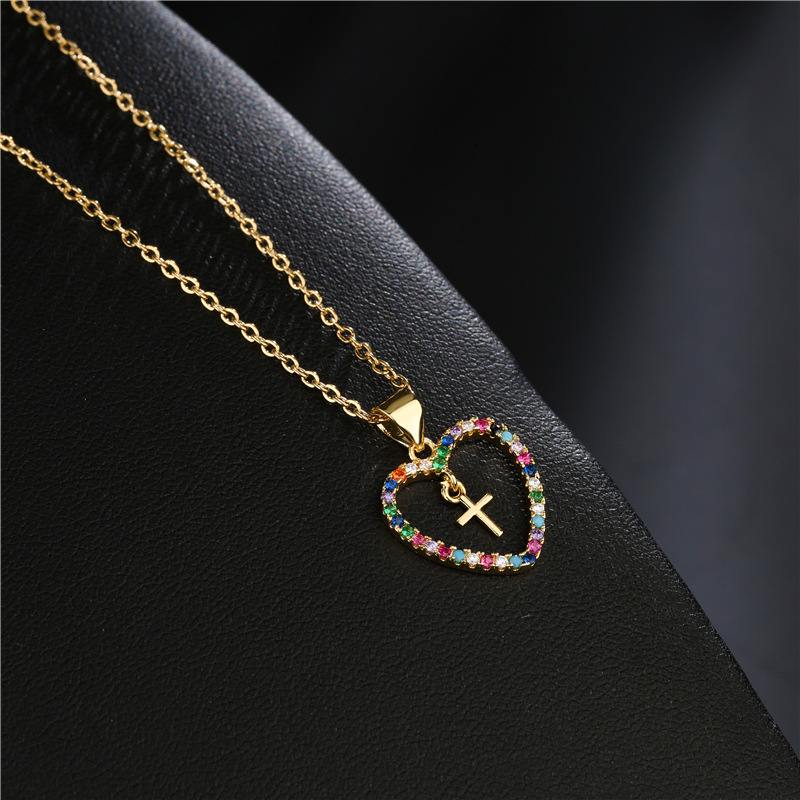 Fashion Copper Micro-inlaid Zircon Jewelry New Gold Heart Cross Pendant Necklace display picture 4