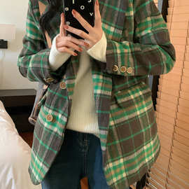 2023冬装新款韩国学院风宽松显瘦加厚磨毛绿格子西装毛呢大衣外套