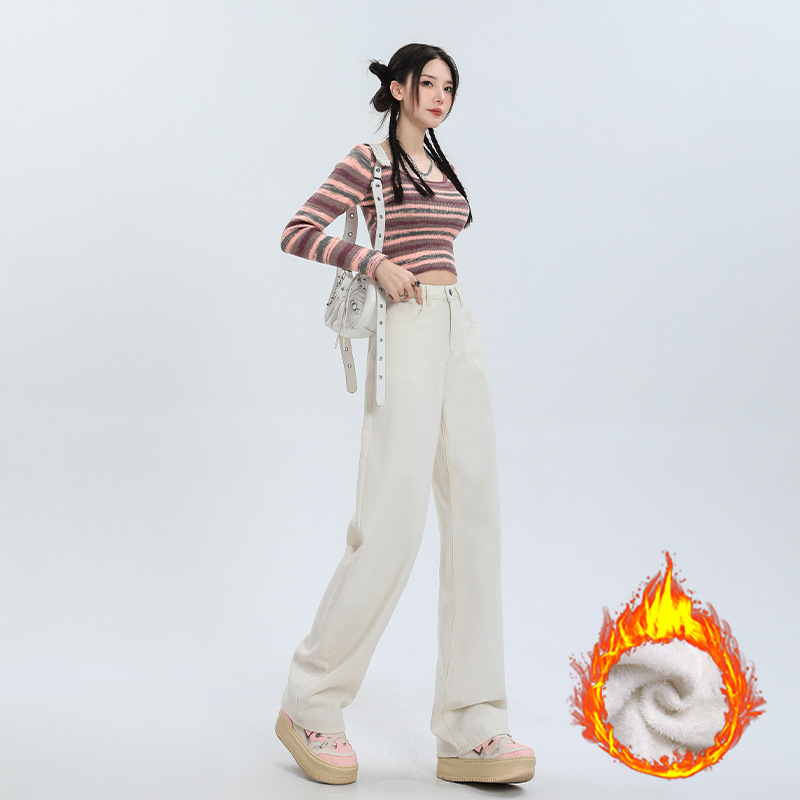 女性のための白いジーンズ 2025 春の新作ハイウエストルーズスリムブラックストレートフロアレングスパンツドレープワイドレッグパンツ|undefined