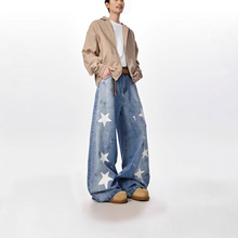 美式高街星星镭射印花牛仔裤男宽松复古水洗破洞阔腿裤潮牌直筒裤