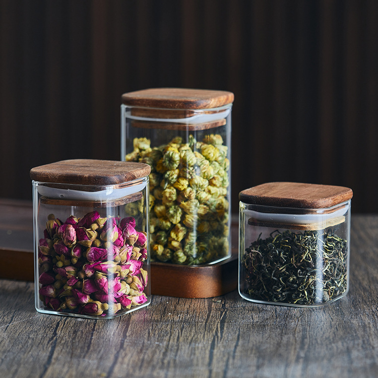 Light Luxury Walnut Lid Glass Tea Canister Small Mini Square Flower Tea Sealing Canister Moisture Proof Dry Fruit Storage Canister