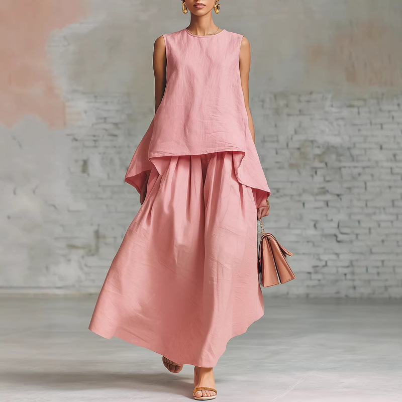 2026 Cross-Border Foreign Trade Spring/Summer Fashion Simple Elastic Sleeveless Asymmetrical Hem Top and Pleated Long Skirt 2026 Cross-Border Foreign Trade Spring/Summer Fashion Simple Elastic Sleeveless Asymmetrical Hem Top and Pleated Long Skirt