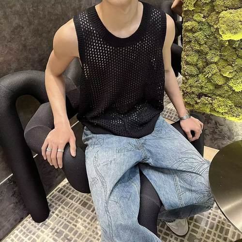 Men's Semi-Transparent Lattice Knit V-Neck Top with Indie Design and Cool Gritty Style
