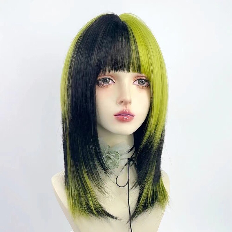 Wig female long hair lolita highlight lizard green long straight hair Y2K punk burst top dye subculture full head cover