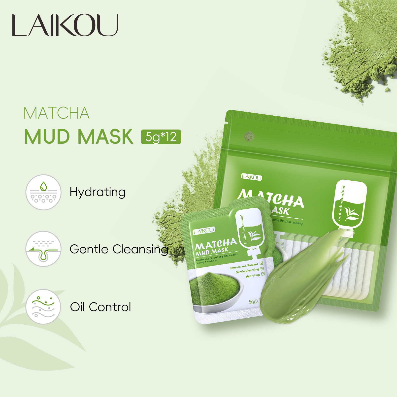 Laikou Longjing Matcha Green Clay Mask Cleansing Mask Pouch 5g * 12 packs, Hydrating and Moisturizing, Cross-border Trade Mask