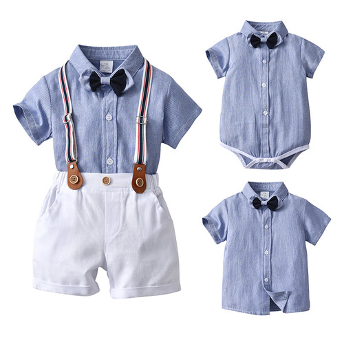 Export Trade Children's Clothing Wholesale British Waistband Pants Two-Piece Children's Clothes Baby Summer Thin Short-Sleeved Boys' Summer Wear