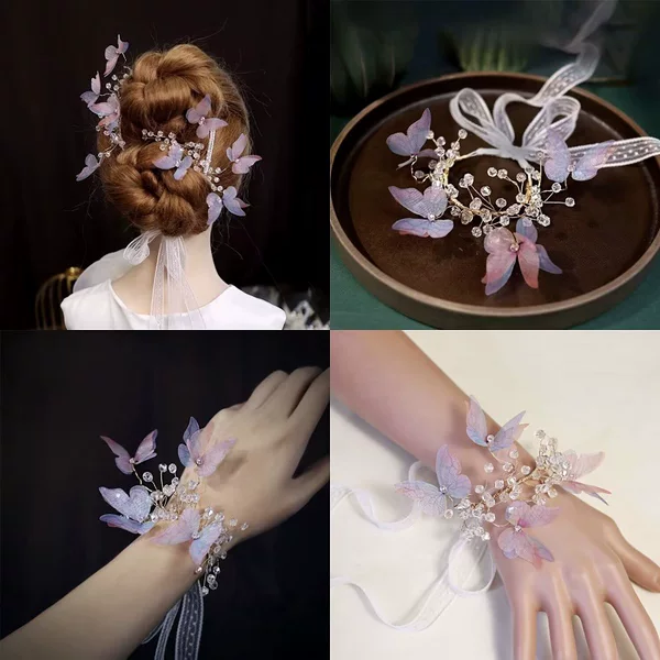 Butterfly Crystal Blue and Pink Hair Accessories for Weddings, Girls' Hair Ornaments, Bride's Wrist Flower, Children's Bracelet, Sweet Gift for Bridesmaids, Performance