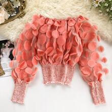 一字肩收腰上衣女小众设计感时尚立体花洋气泡泡袖透视网纱雪纺衫