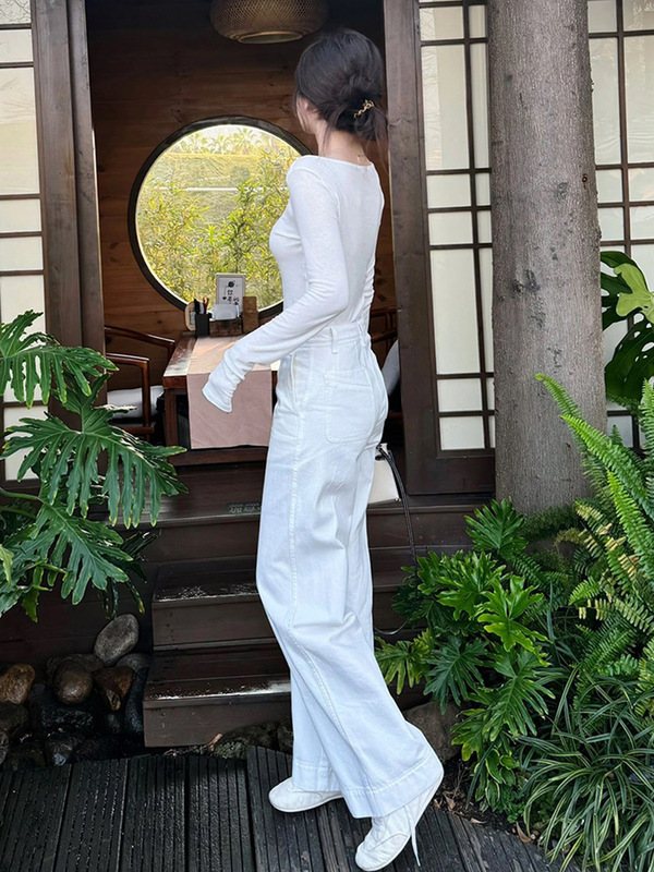 韩系白色薄款圆领长袖t恤女夏季辣妹高腰空调防晒罩衫正肩短款上|undefined