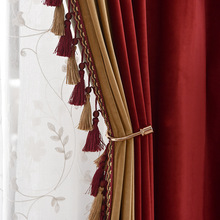 落地丝绒布客厅婚酒批发遮光飘绒布美式卧室复古红色2PRW窗帘拼接