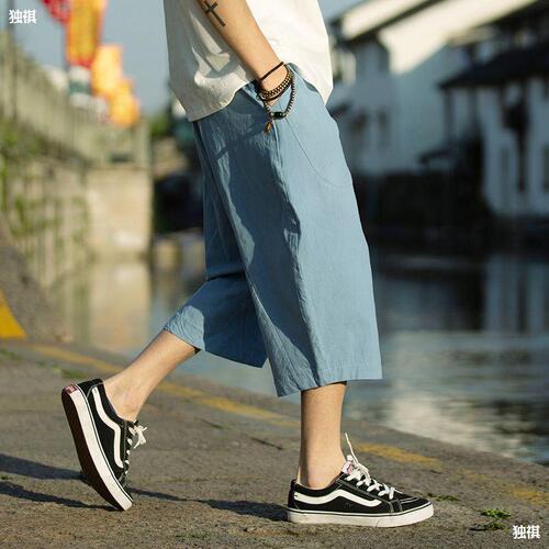 Men's Summer 7/8 Length Linen Casual Loose Straight Leg Pants Chinese Style Wide Leg Cotton-Linen Beach Shorts Trendy