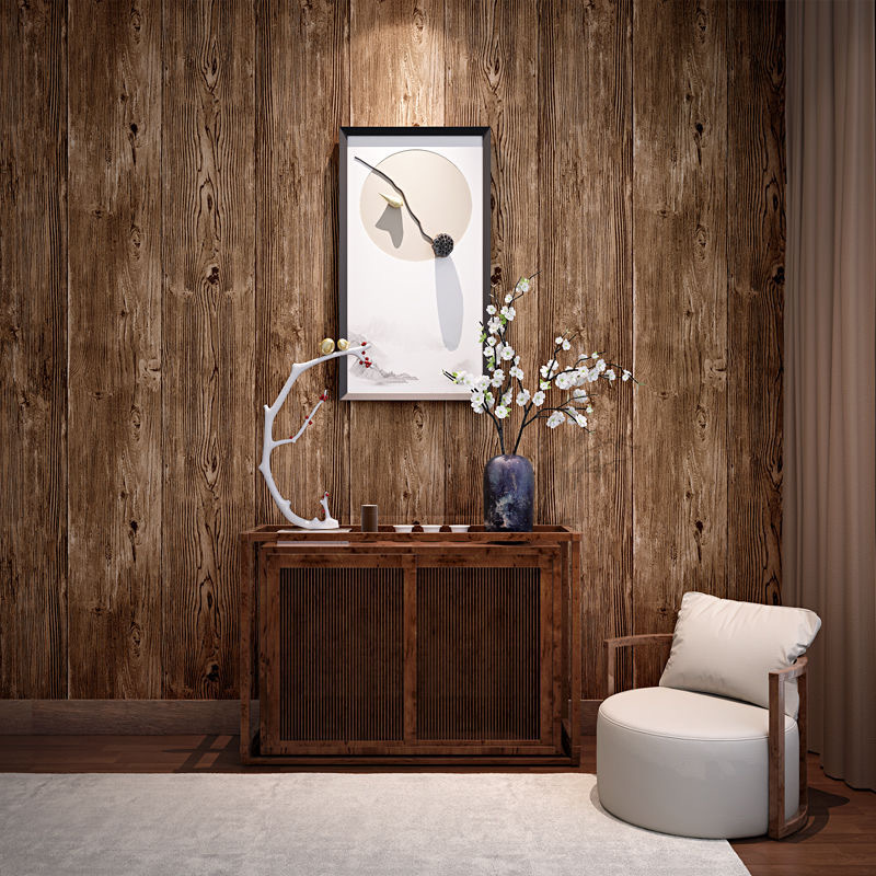 Non self-adhesive retro 3D wood grain wallpaper waterproof hotel clothing store barber shop decoration project imitation wood grain wallpaper
