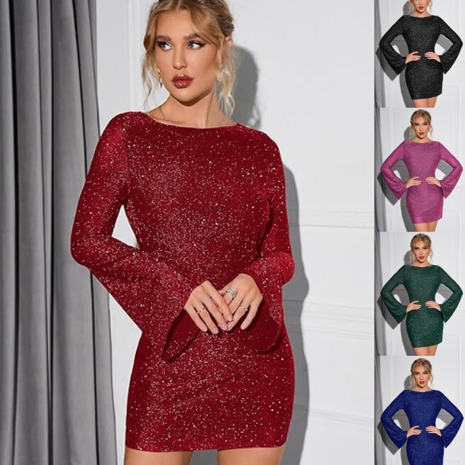 2023 Women's Shiny Sequins Backless Lace-Up Mini dress Long Sleeve Shiny Tight Party Club Ceremony