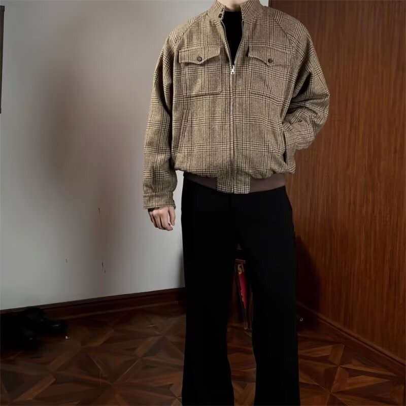 Prince of Wales Houndstooth Harrington Woolen Jacket for Men and Women, Korean Style Loose Short Stand-Up Collar High-End Jacket Prince of Wales Houndstooth Harrington Woolen Jacket for Men and Women, Korean Style Loose Short Stand-Up Collar High-End Jacket