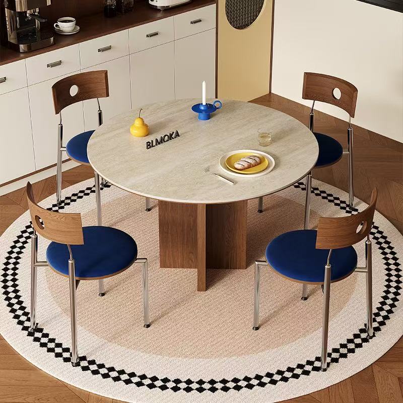 Tablero de roca de travertino de madera maciza de estilo antiguo, mesa redonda, paquete de tablero de roca de estilo retro, mesa de comedor de tablero de roca de apartamento pequeño simple de Sihao