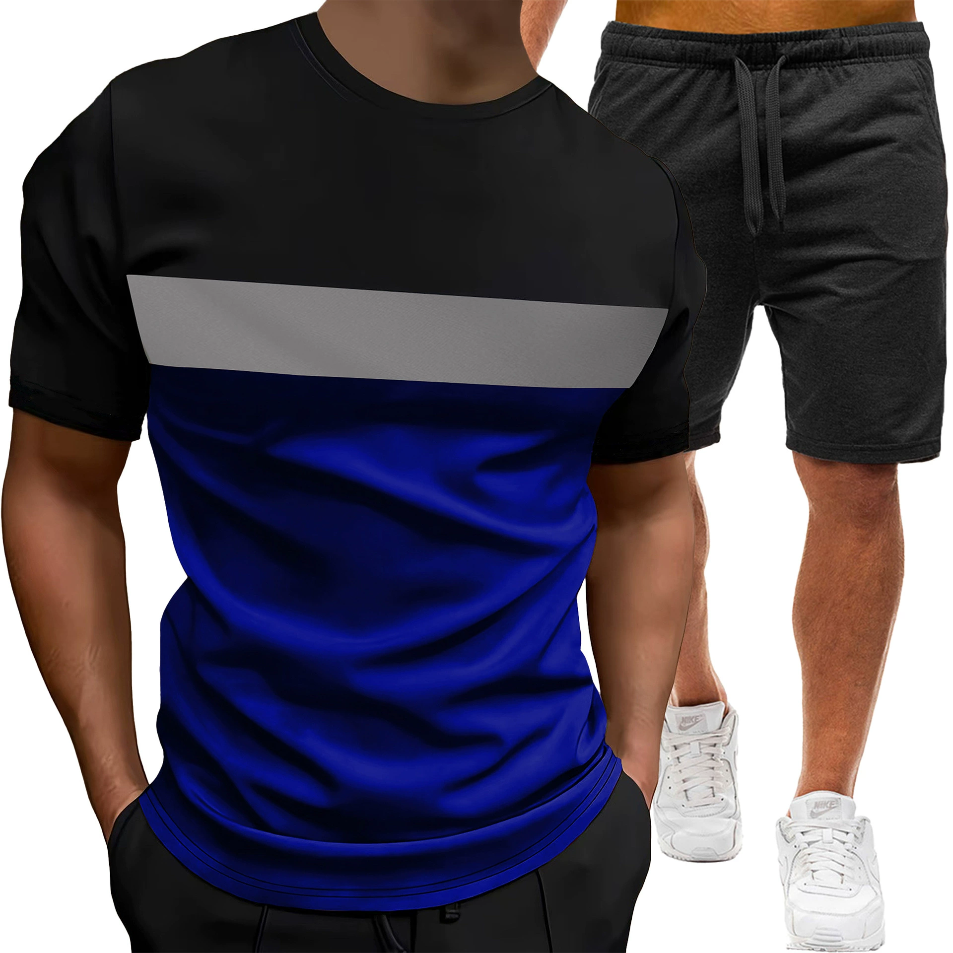 Мужской летний спортивный костюм: футболка с коротким рукавом и круглым вырезом, шорты, цвета в тон.
