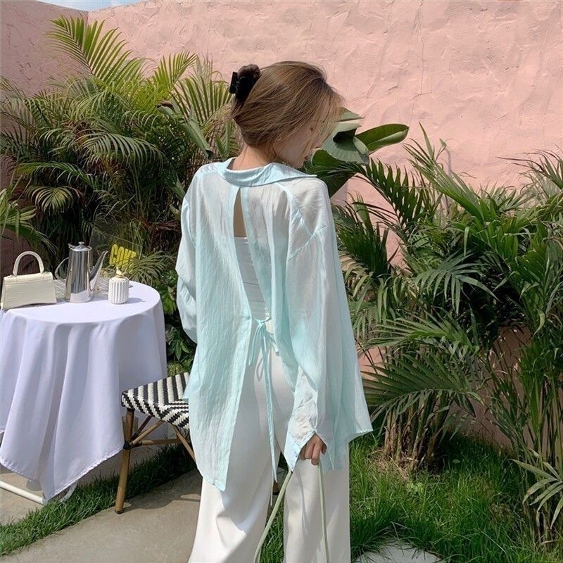 Slightly Revealing Backless Shirt 2026 Summer New Style Loose Back-Tie Slit Sunscreen Shirt Women's Jacket Chiffon Shirt Slightly Revealing Backless Shirt 2026 Summer New Style Loose Back-Tie Slit Sunscreen Shirt Women's Jacket Chiffon Shirt