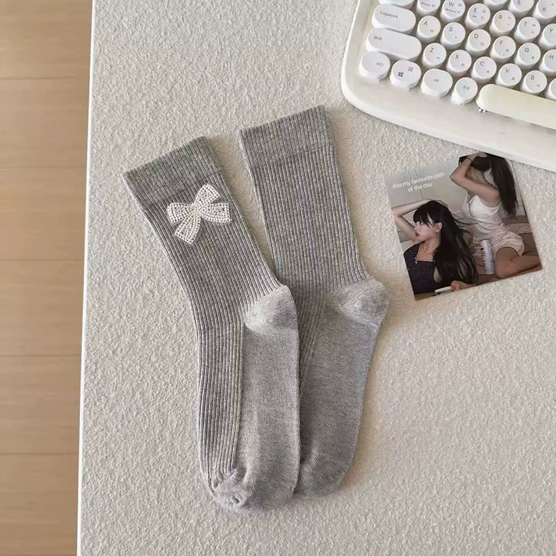 Lace cotton knee socks with bow, mid-length