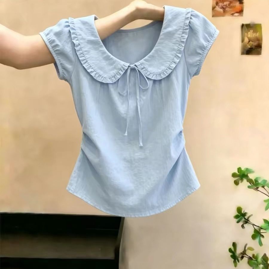 College Style Doll Collar Tie Bow Short-Sleeved T-Shirt for Women, New Summer Style Slim Fit, Slimming, Age-Reducing, Sweet Top