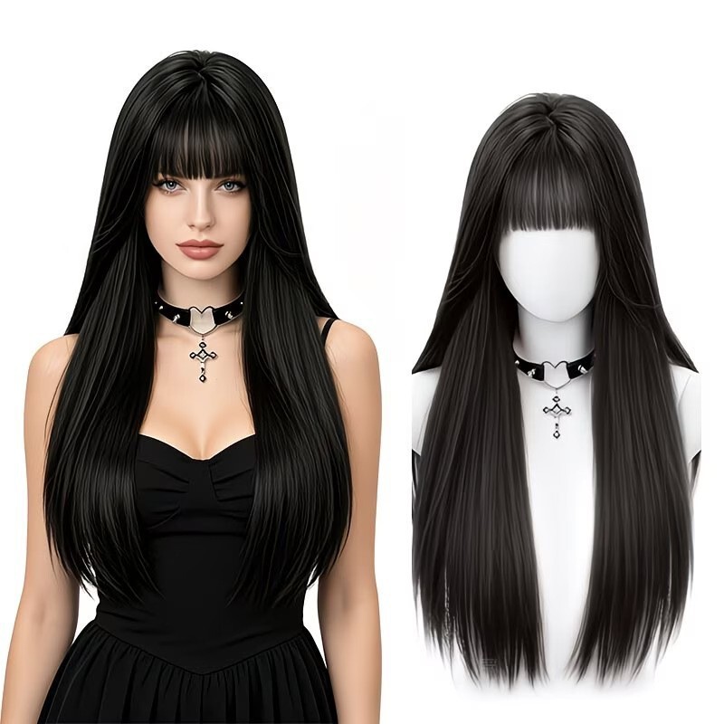 Women's black long straight full wig with bangs, fluffy and natural, everyday black full wig, Fujiang manga wig Women's black long straight full wig with bangs, fluffy and natural, everyday black full wig, Fujiang manga wig