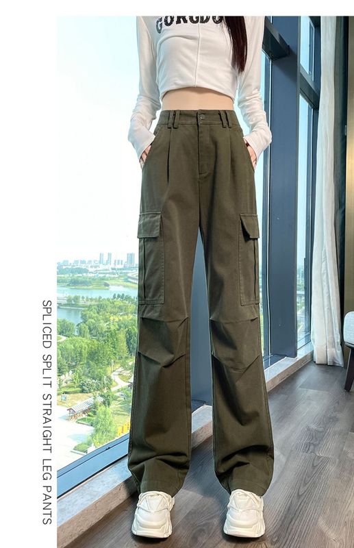 美式直筒工装裤女春秋新款高腰宽松登山裤小个子窄版阔腿运动长裤|undefined