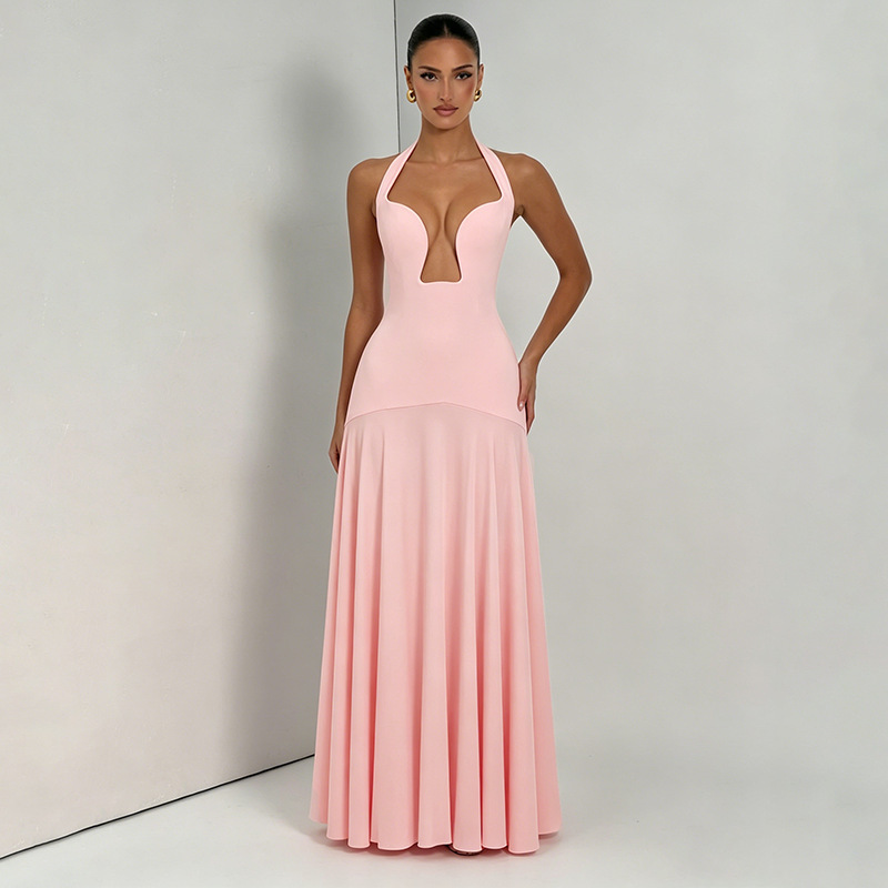 Amazon verano 2026 nuevo temperamento de mujer de color sólido cuello de cuello bajo sexy empalme vestido de espalda abierta vestido