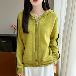 秋冬新款连帽针织羊毛开衫女宽松长袖毛衣外套设计感衣服外搭上衣