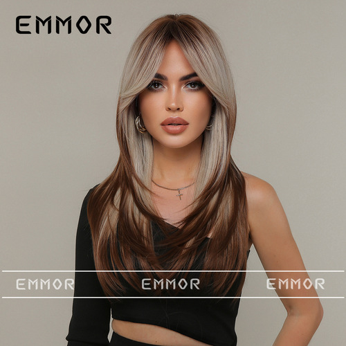 European and American new natural wig for women, middle-parted eight-character bangs, gradient dyed brown long straight hair, full headpiece wig