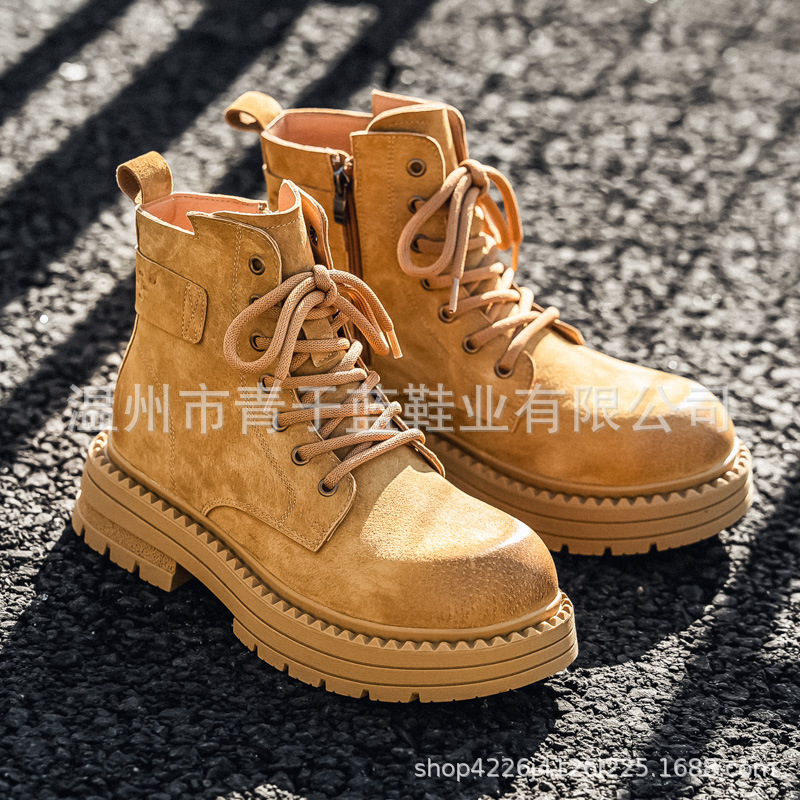 秋冬季男靴马丁靴男高帮厚底做旧工装靴系带男士真皮大黄靴登山靴