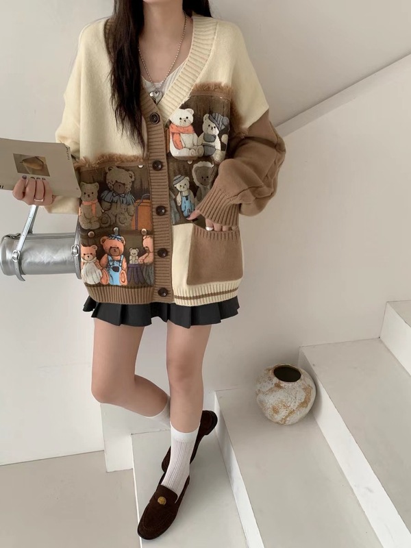 重工卡通小熊刺绣开衫毛衣女2025秋冬新款森系撞色复古针织衫外套|undefined