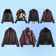 跨境爆款秋冬女装老钱风复古可拆卸人造皮草毛领PU皮风衣夹克外套