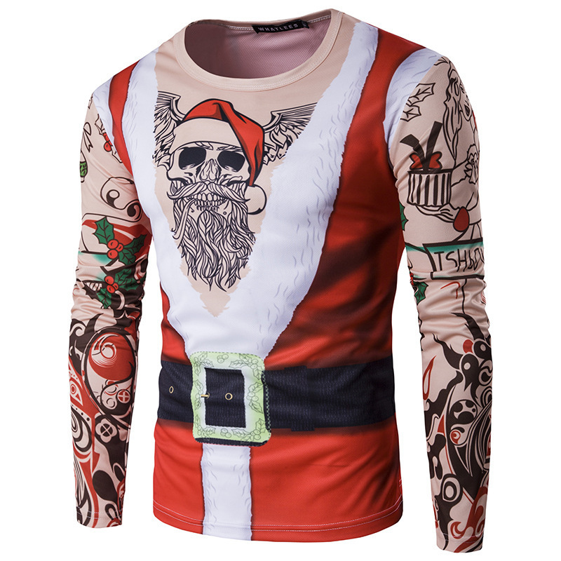 2021 Autumn and Winter Export New Men's Christmas Clothing Santa Claus Round Neck 3D Long-Sleeved T-Shirt Men's Casual T-Shirt Trendy