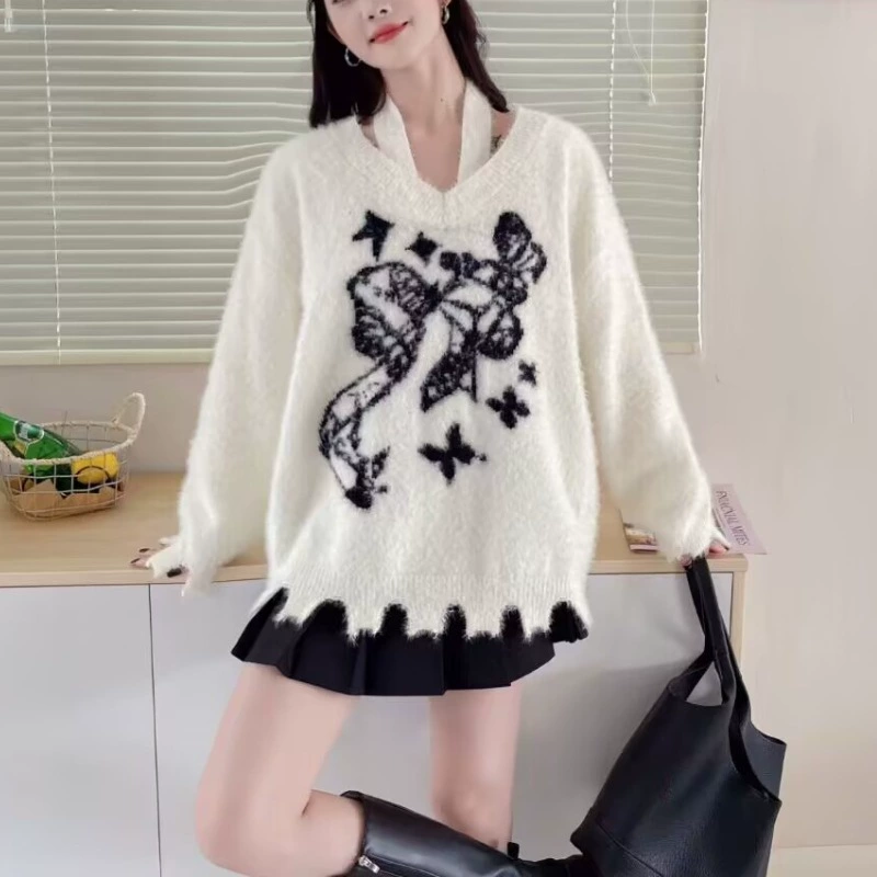 Oversized Velvet Knitted Sweater, Artificial Fur, American Style, Demi-Season, One Size
