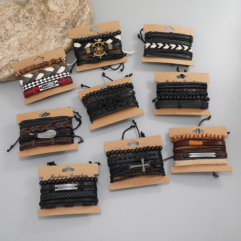 Fashion Cross Letter PU Leather Beaded Unisex Bracelets 4 Pieces