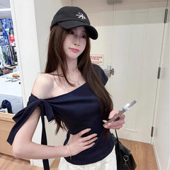 Pure Desire リボンレースオフショルダーストライプ Tシャツレディース夏レトロシックなスリムショートオフショルダートップ